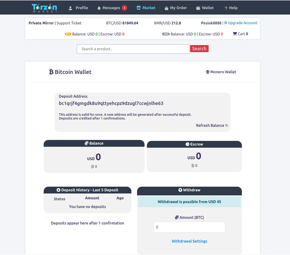 TorZon cryptocurrency deposit interface showing BTC and XMR wallet addresses